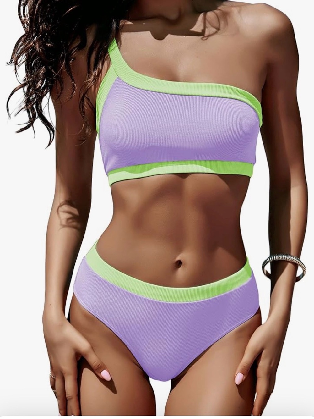 One-Shoulder Violet & Lime Contrast Bikini Top and High-Waist Bottom